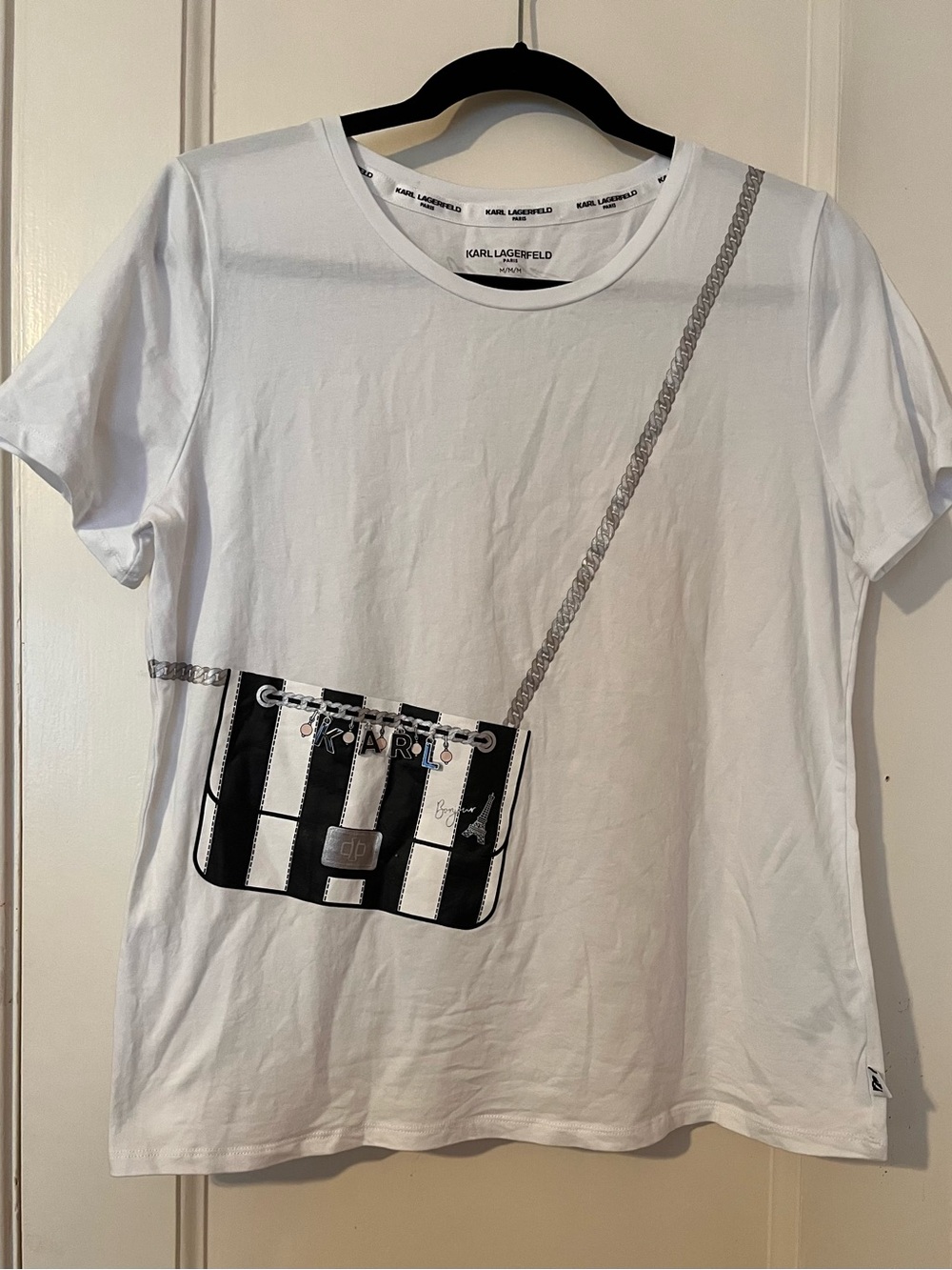 KARL LAGERFELD Paris White Crossbody Graphic Tee with Dangle Charms - Size M